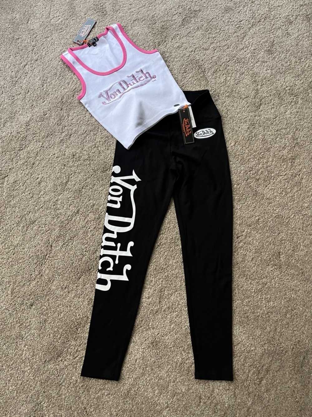 Von Dutch White & Pink Trim rhinestone logo Tank with Black Logo Leggings